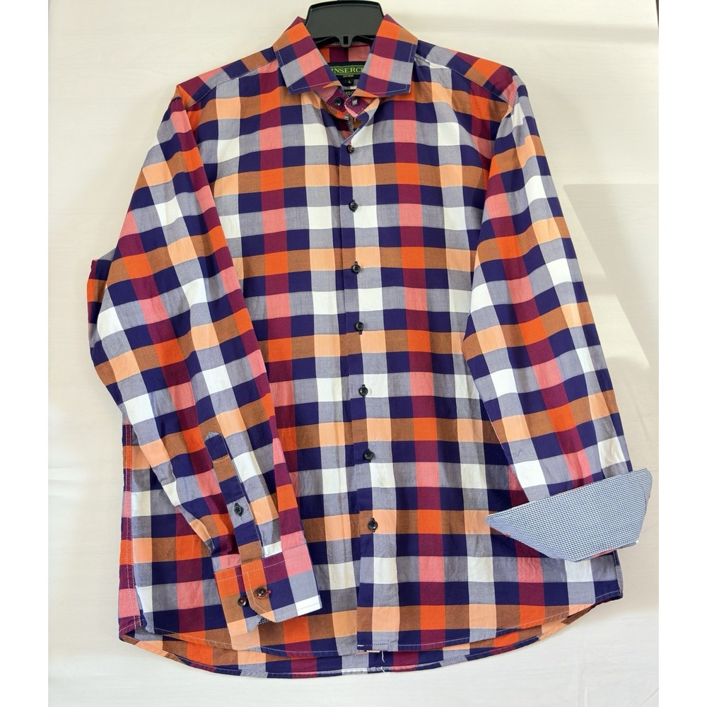 Inserch Mens Casual Button Down Shirt Multi Color Long Sleeve Squares Large